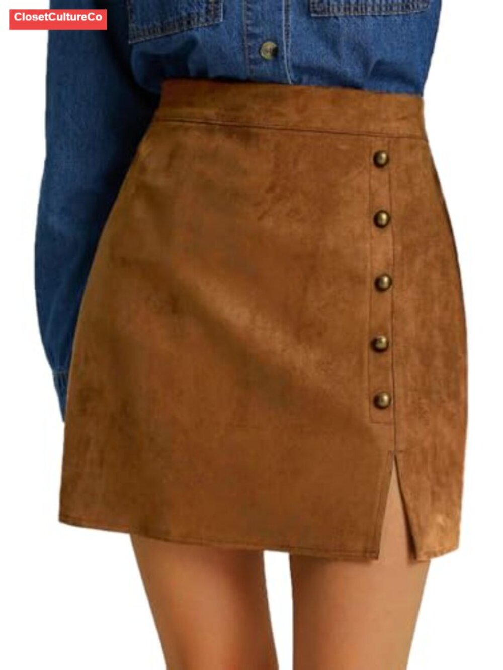 Faux Suede Side Split Bodycon Mini Skirt with Button